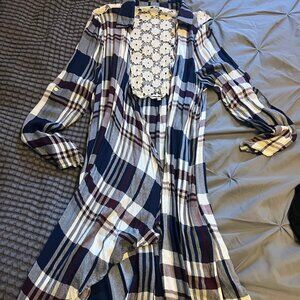 Long Plaid Cardigan Shirt, Size Large